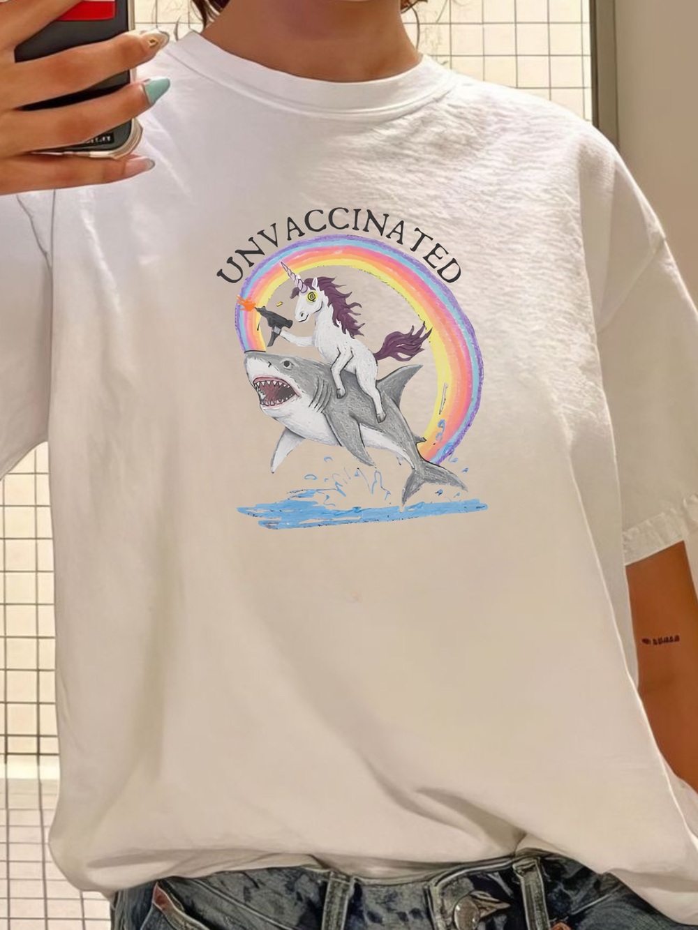Unvaccinated Unicorn and Shark Shirt, Chaotic Meme Graphic Tee